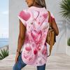 Women Plus Size Cap Sleeve Button Front Tunic Dress Pink Crystal Diamond Heart Print Curved Hem Casual Shirt Blouse