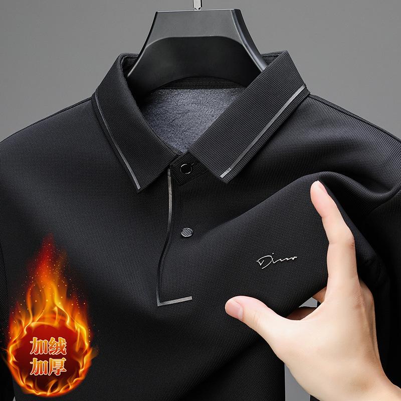 Winter Velvet Seamless Polo Shirt Men'S Casual Solid Color Thickened Lapel Long-Sleeved Polo Shirt