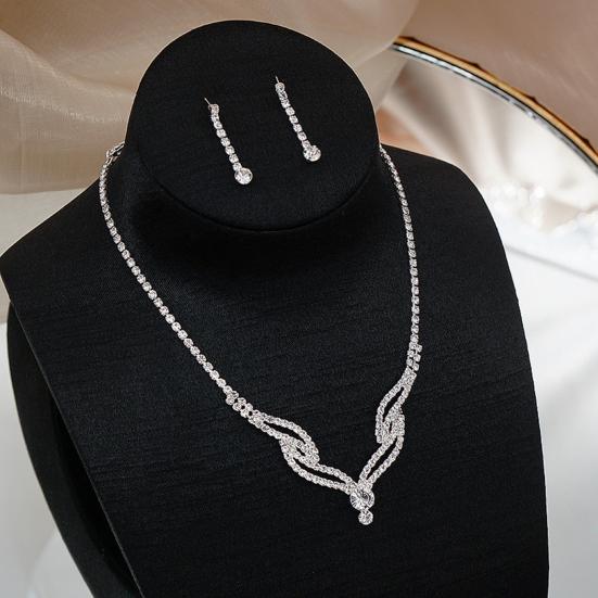2Pcs/Set Necklace Earrings Set Multi-layer Wedding Bridal Jewelry Exquisite Elegant Inlaid Rhinestones Drop Earrings