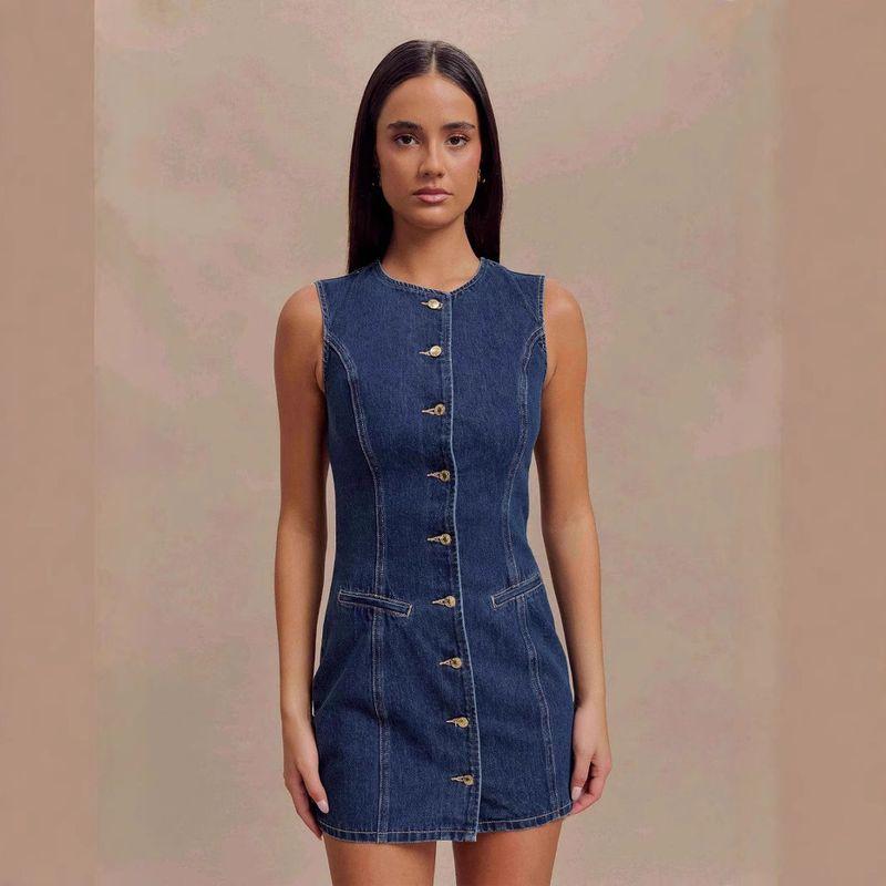 

Новая мода в западном стиле, повседневное джинсовое платье без рукавов на одной пуговице Dark blue XL