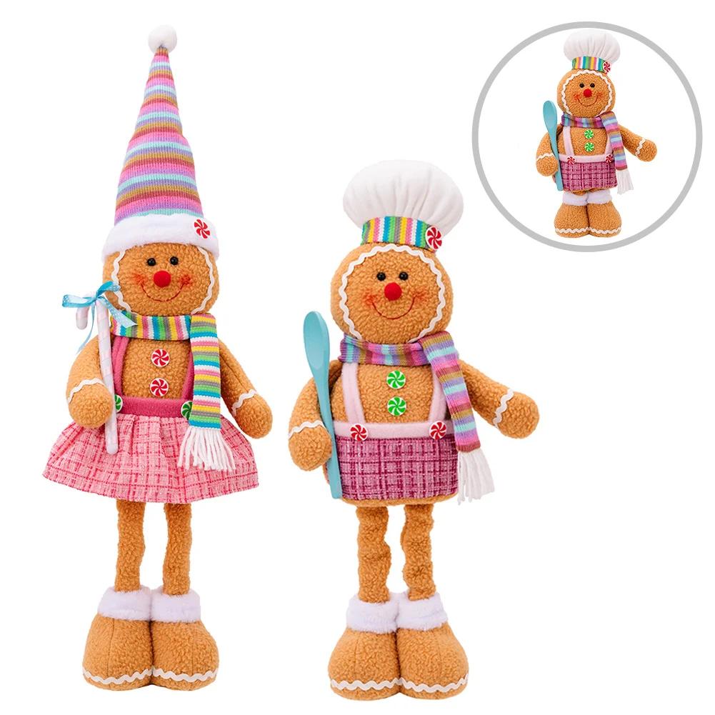 Christmas Biscuit Man Doll with Telescopic Legs Fabric Construction Ornament for Tree Shelf Office and Hotel Decoration