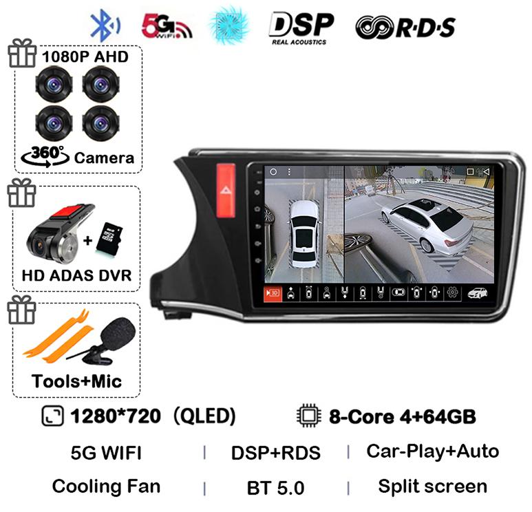 Android 14 Carplay Auto Car Radio For Honda CITY 2014 2015 2016 2017 2018 2019 Multimedia Stereo Player GPS 4G+WIFI 360 Camera