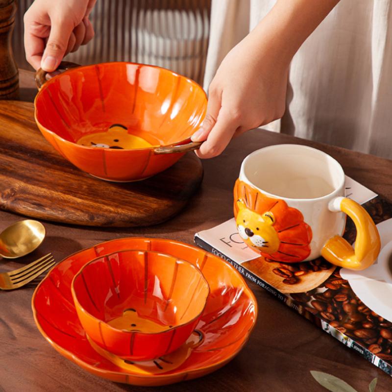 Ceramic Little Lion Children's Tableware Noodles Rice Bowls Underglaze Color Dinnerware Dessert Snack Plates Kitchen Accessories
