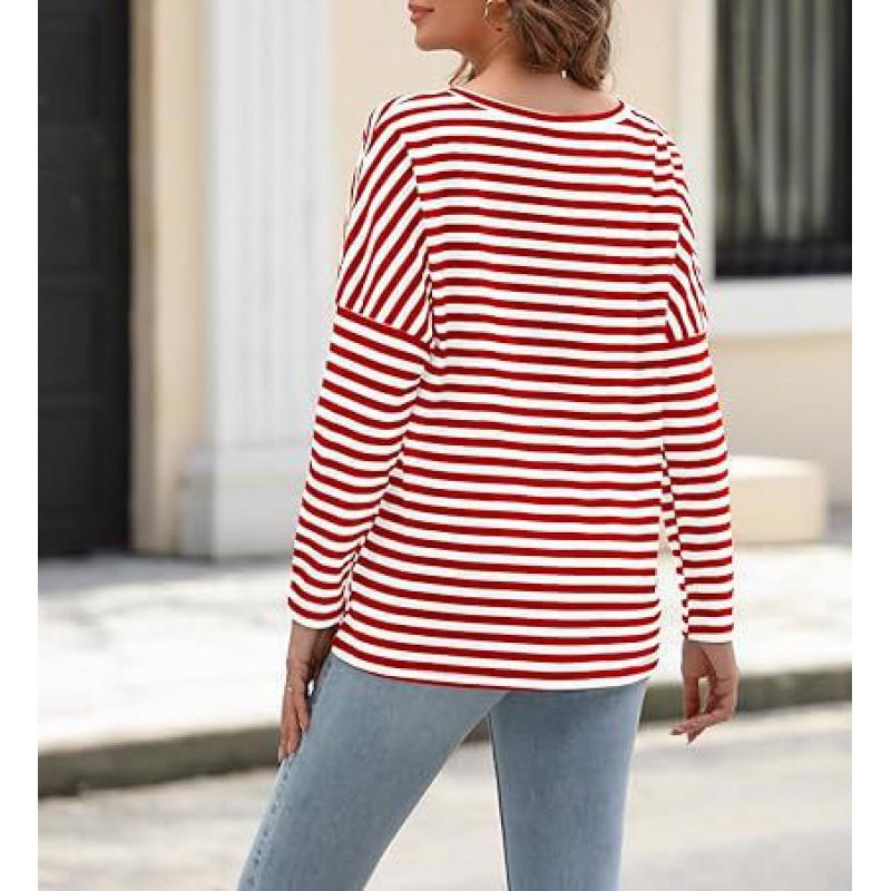 Womens Long Sleeve Crew Neck Striped Casual T-Shirt Loose Fit Cotton Blend Fall 2026