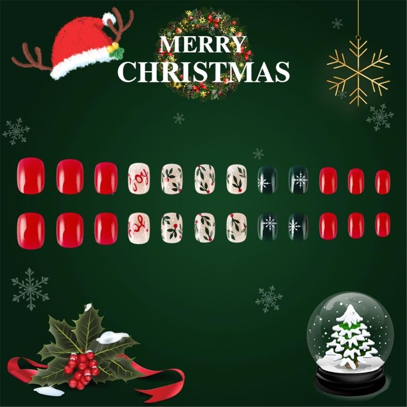 Christmas Artificial Nails Snowflake False Nails Full Cover Stick on Nails Short Square Press On Nails for Women Girls