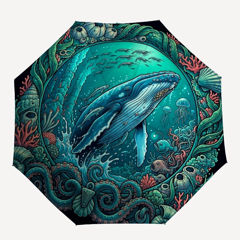 Whale Ocean Life Pattern Umbrella, Portable and Foldable Design, 8 Ribs, a Casual Accessory for Halloween, Christmas, and Birthday Gifts.