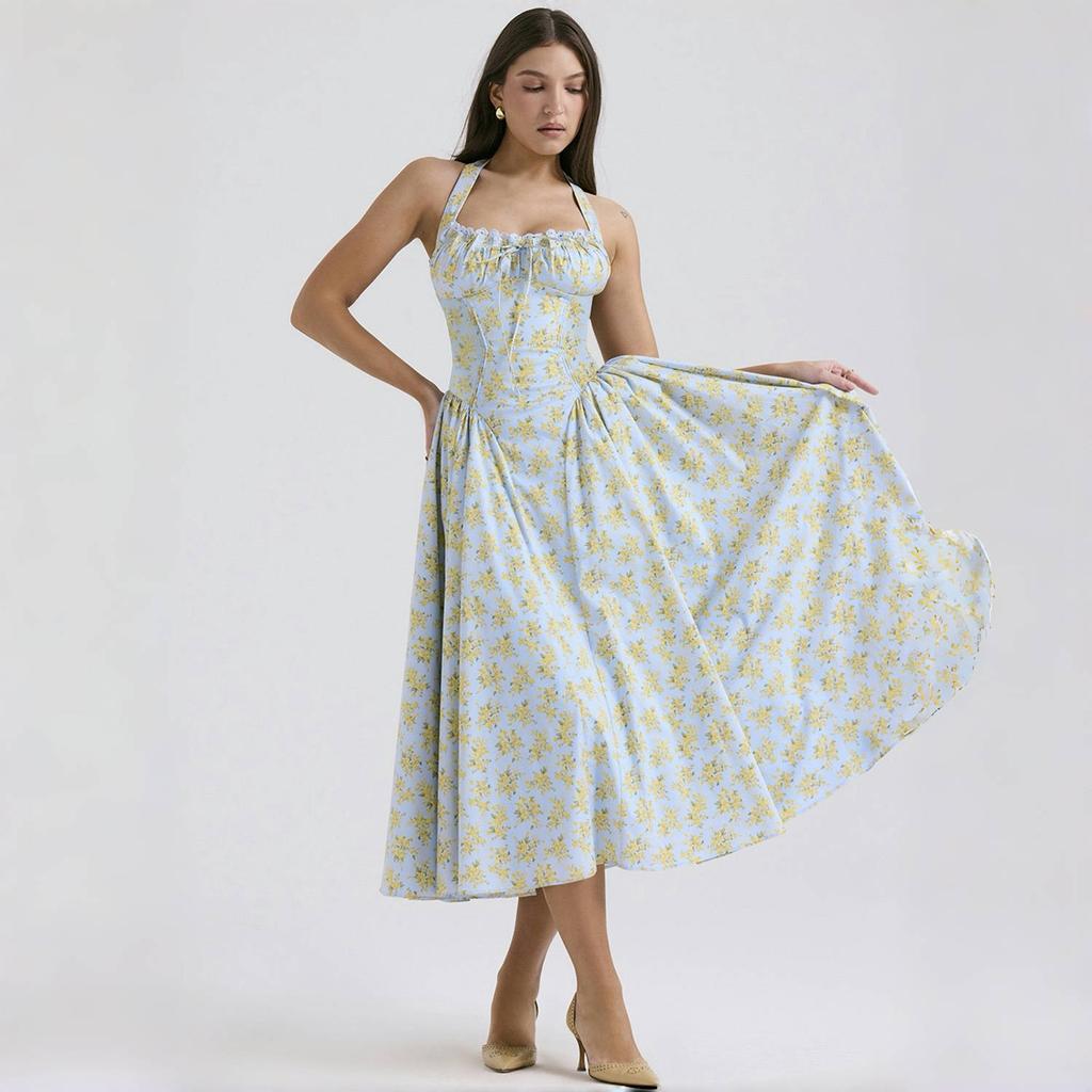 LYRIA Elegant A Line Midi Dress New Arrivals Halter Sexy Holiday Party Dresses Summer Women's Clothing Wholesale