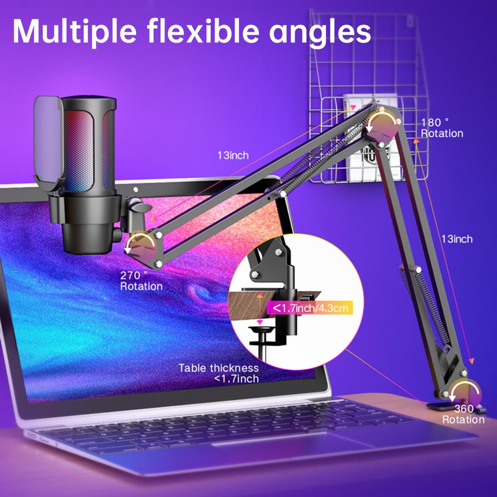 M8 USB Gaming Microphone Computer Mic Kit RGB Lighting Cardioid Mode Pick-up Quick Mute and Gain Knob with Boom Rack for Gaming