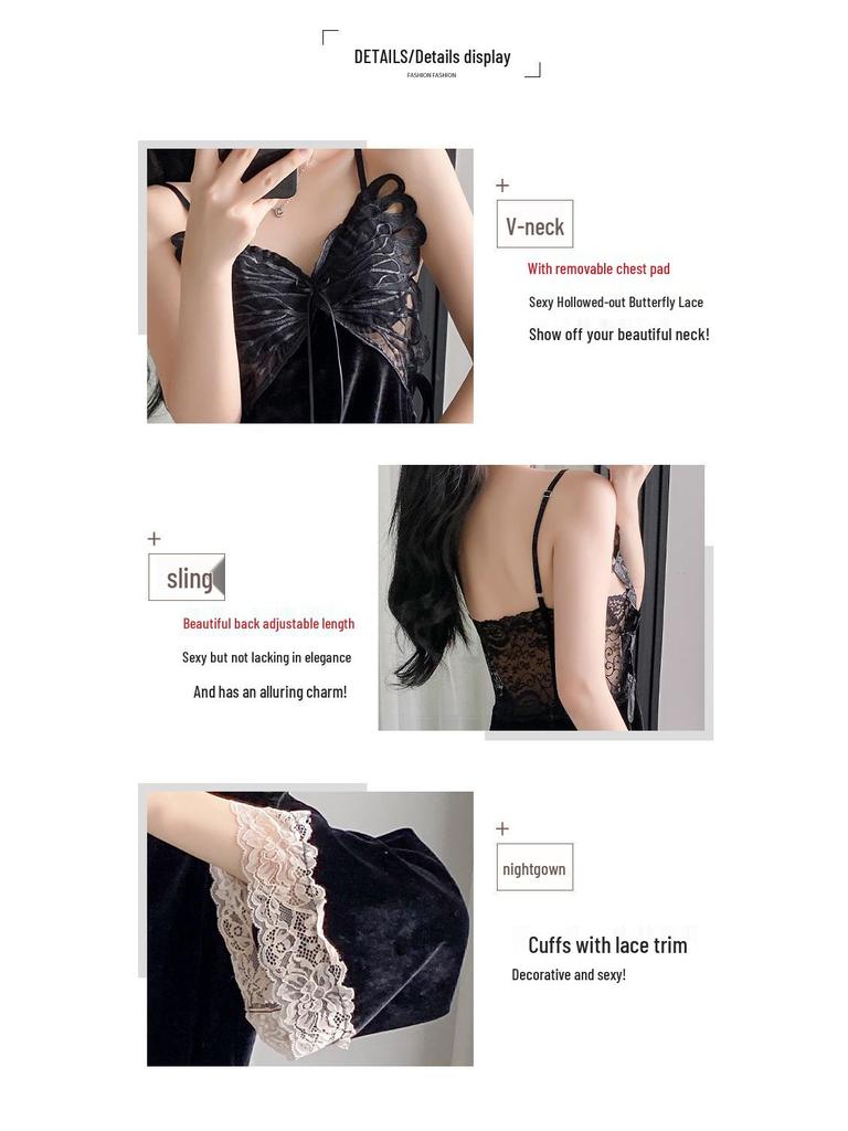 Women's Gold Velvet Butterfly Lace Pajama Set – Camisole and Beautiful Back Sleepwear with Chest Pads for Autumn/Winter.