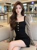 Chic Color Block Square Neck Dress: Elegant, Slim Fit, Waist Cinched, Hip-Hugging Short Skirt
