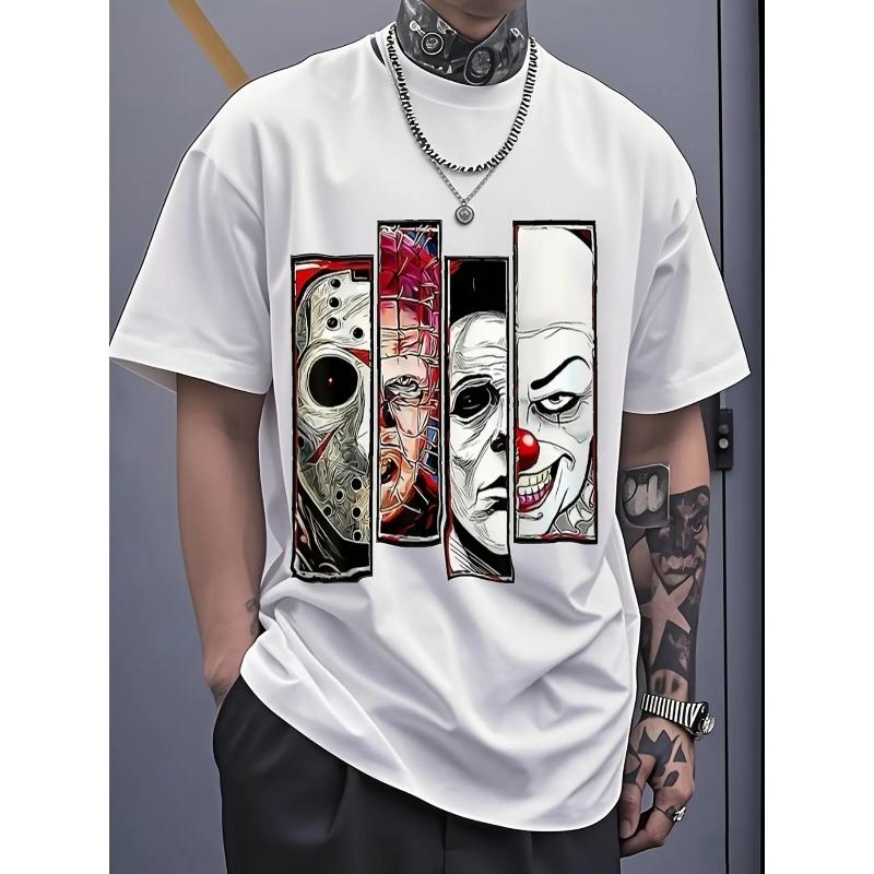 

European sizes Men s Anime Horror Icons Graphic T-Shirt - Jason Voorhees, Freddy Krueger & Pennywise Print 4XL білий