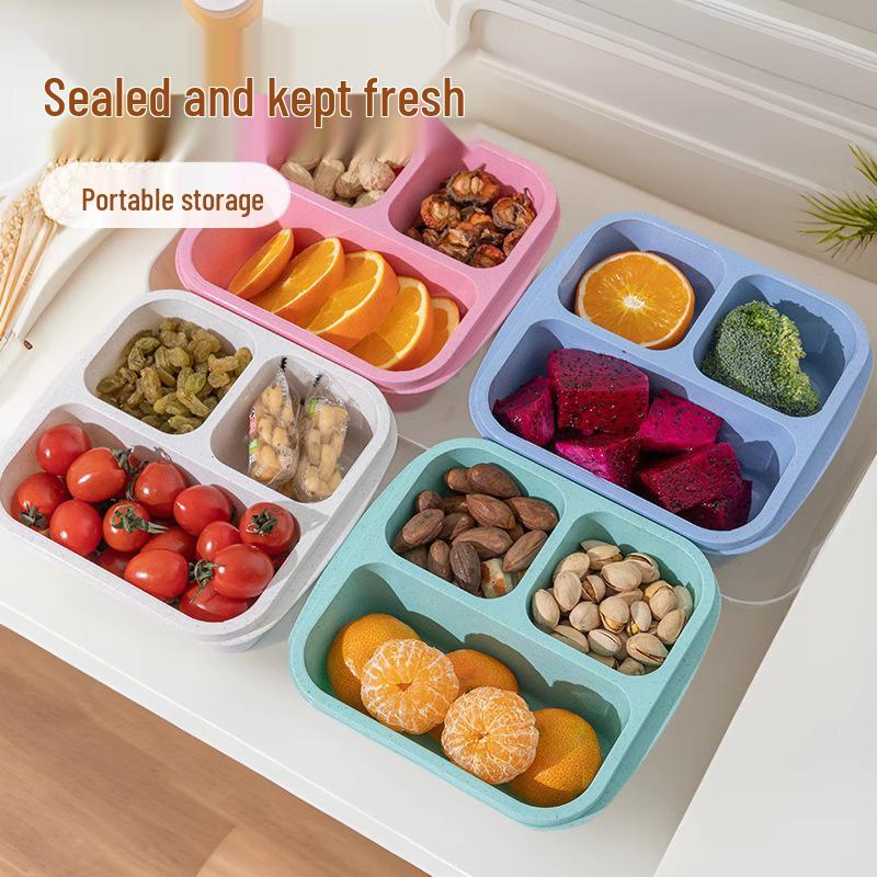 Three Compartment Wheat Straw Bento Box for Fruit, Snacks, and Pastries - Fresh-Keeping and Portable for Outdoor Travel Lunches