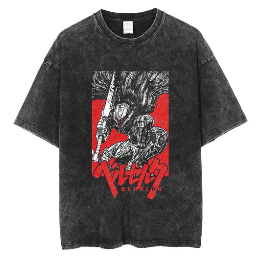 Japanischer Anime Berserk Retro Gewaschenes T-Shirt Herren und Damen Neu Sommer Harajuku Kleidung Lässig Rundhals Kurzärmeliges Oberteil