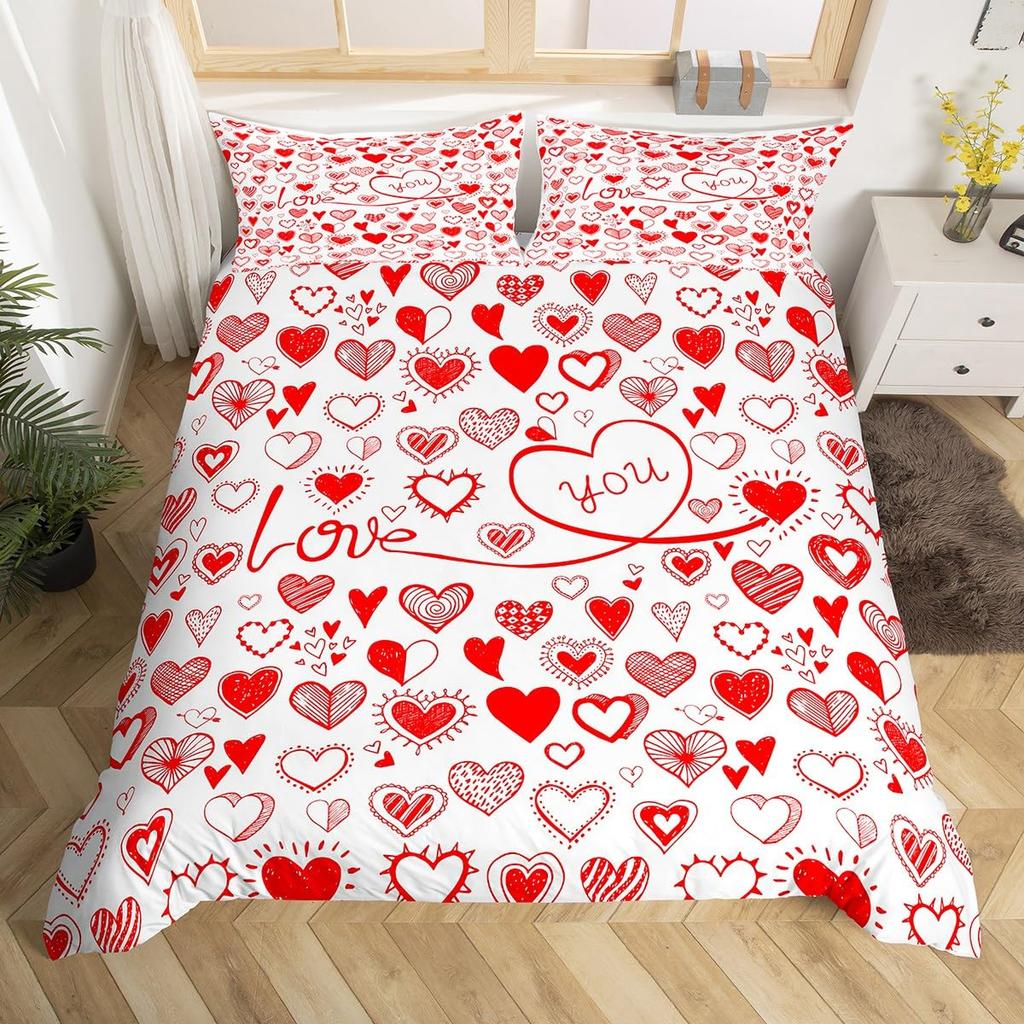 Red Love Heart Duvet Cover For Couples,Bow Romantic Bedding Set Valentines Day Loving Hearts Quilt Cover Wedding Comforter Cover