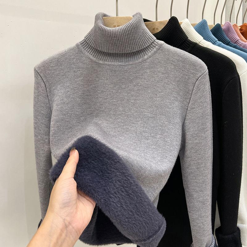 Korean Fashion Women's Insulated Sweater with Collar  Warm Lined Knitted Shirt, Thin Tops, Winter Knitwear, Casual Pullover