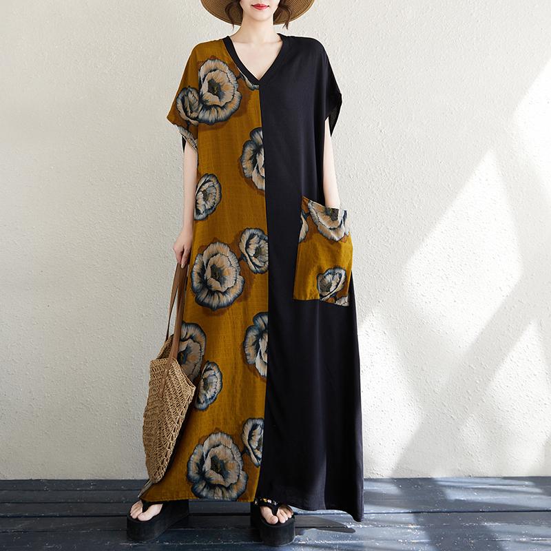 

DIMANAF 2025 Summer Plus Size Dress Basic Women Casual Loose Vintage New Long Oversized Linen Dress Maxi One Size коричневый