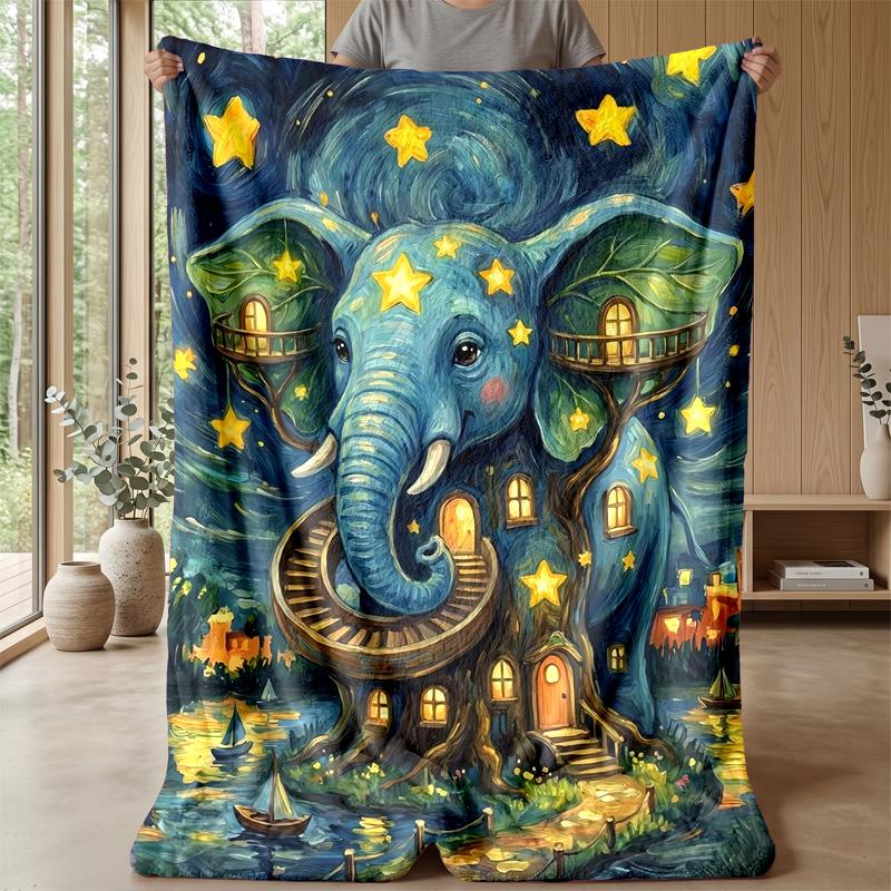 Elephant Singing Under Rainbow Theme Blanket Lightweight Warm Flannel Blanket Decorative Throw Blanket for Home Decoration