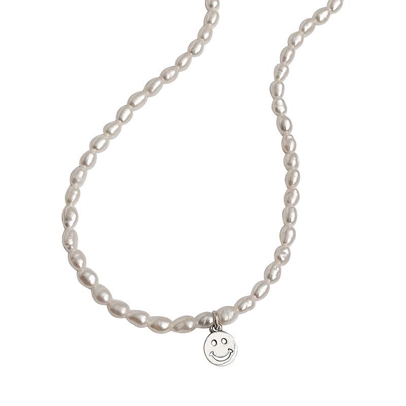French Retro Freshwater Pearl Smiley Heart Pendant Necklace - Korean Style Women's Choker