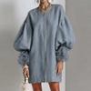 Women's Color Round Neck Mesh Panel Sleeve Loose Fit Midi Dress