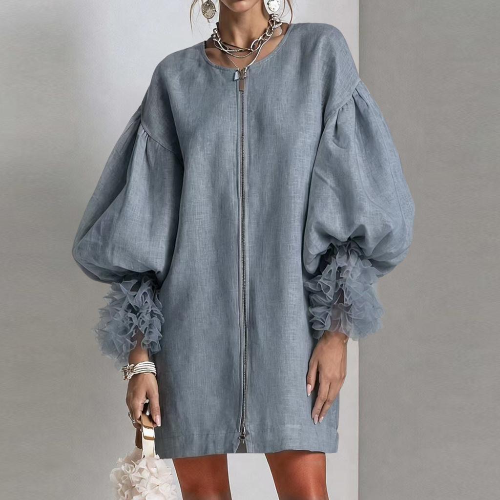 Women's Color Round Neck Mesh Panel Sleeve Loose Fit Midi Dress