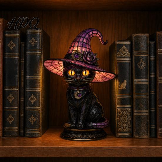 Halloween Room Decor Witch Hat Lamp Stained LED Light Table Lamp with Warm Glow Gothic Reading Nook Night Light for Bedroom Mantel Bookshelf