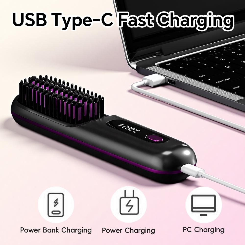 Rechargeable Hair Straightener Brush, Ionic Straightening Comb with 20s Fast Heating, 3 Temp Settings & Auto-Off for Home Salon