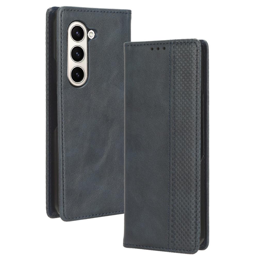 

For Samsung Galaxy Z Fold5 5G Retro PU Leather Phone Case Magnetic Closing Stand Phone Cover Blue