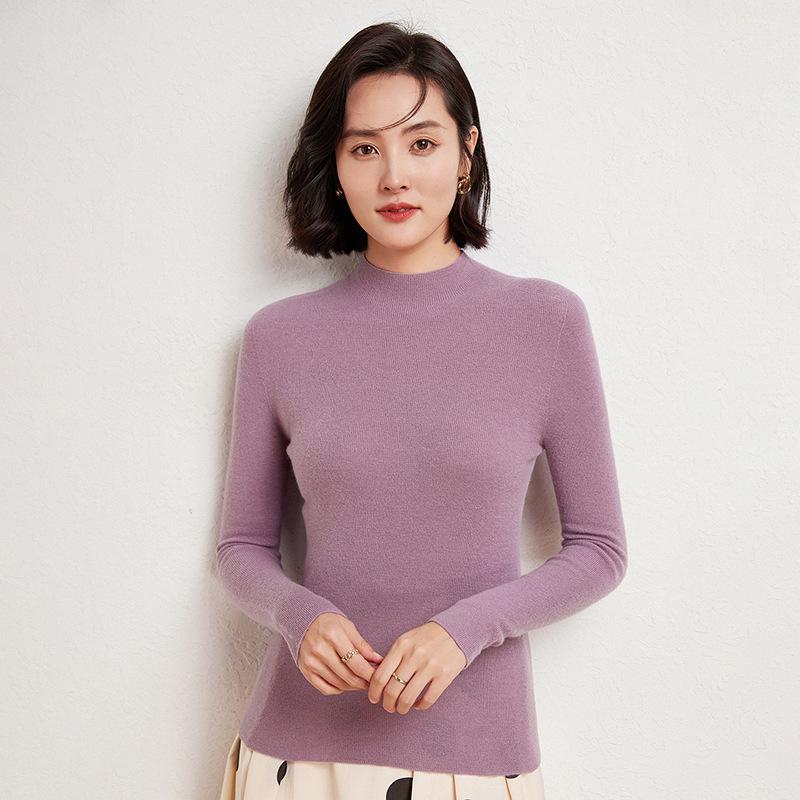 Machine Washable Fine-Spun Wool Sweater: 2026 Autumn/Winter Women's Slim Fit Knit with Half-High Collar.
