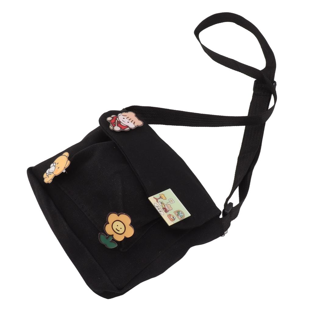 Cute Canvas Messenger Bag with 4 Pins Adorable Style Multi Pockets All Match Shoulder Messenger Bag for Women Black