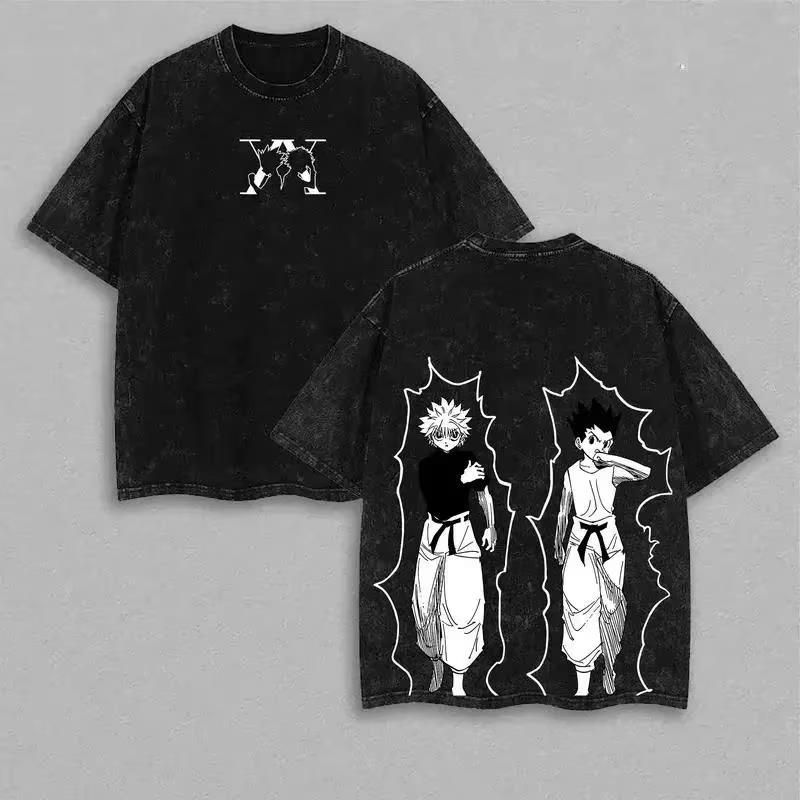 2026 Summer Hunter X Hunter Oversized T-shirt, Gon & Killua Print with Hunter Symbol Casual Streetwear Washed Tee for Men Women