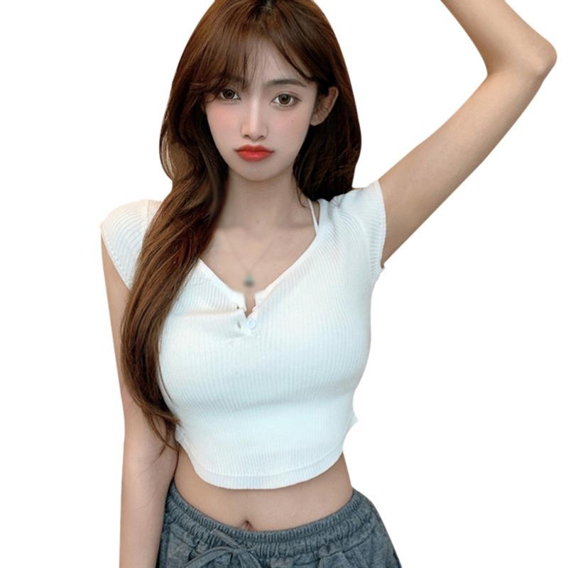 

Женская однотонная футболка с круглым вырезом и тонким открытым пупком, трикотажные футболки с короткими рукавами, топы