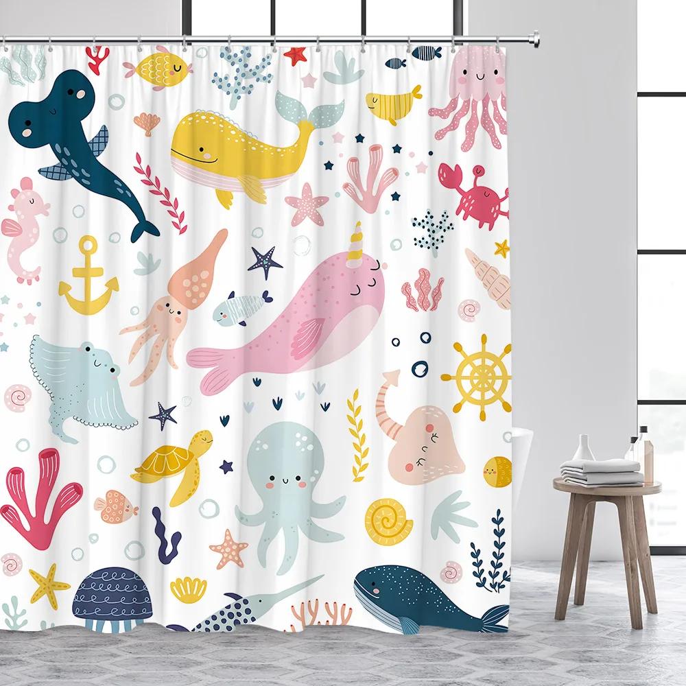 Cartoon Animals Kids Shower Curtains Cute Dogs Pet Ocean Fish Sea Turtle Whale Octopus Child Bathroom Curtain Decor with Hooks