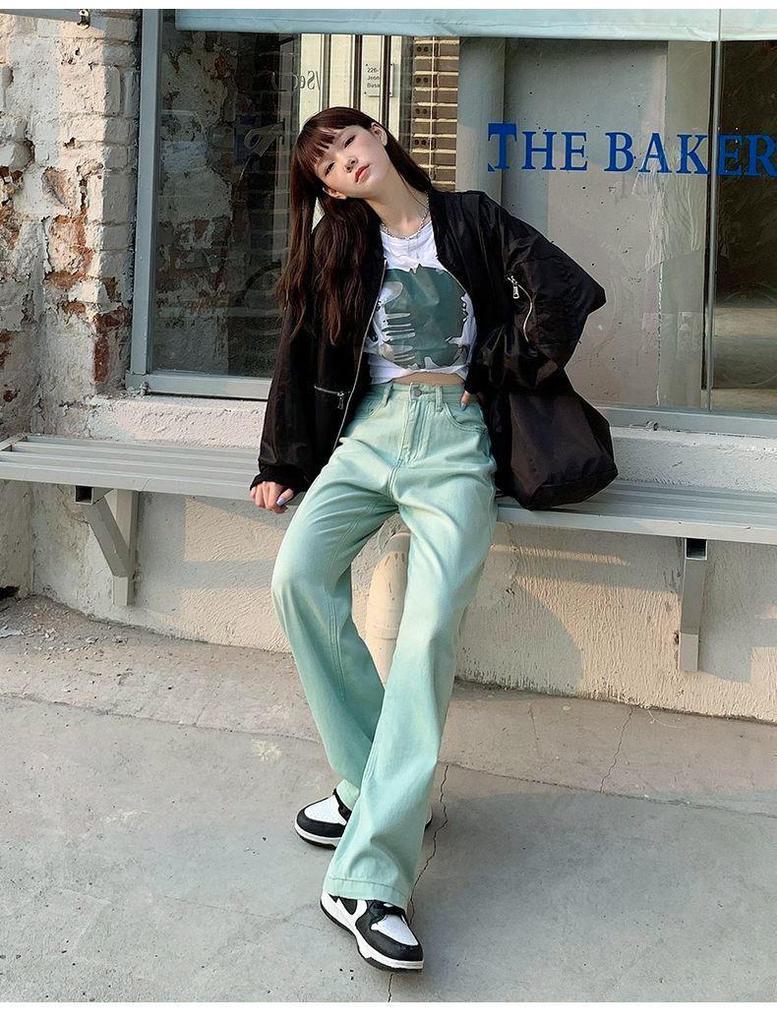 Mint Green Plus Size High-Waisted Wide-Leg Floor-Length Jeans for Women