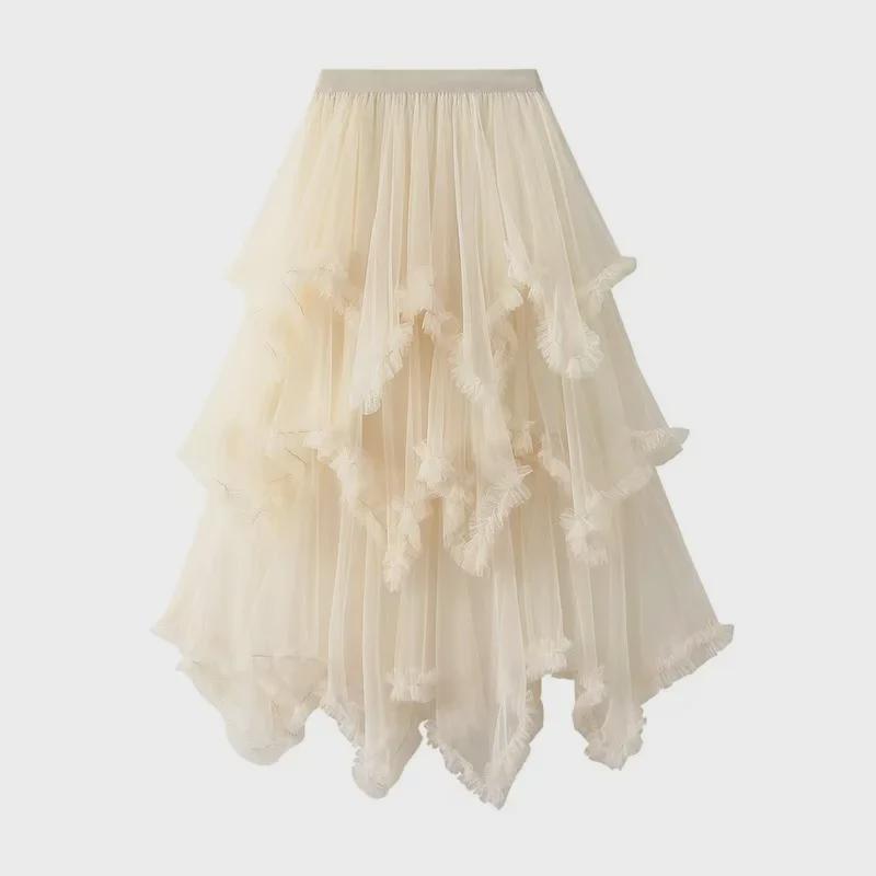 Women's 2024 Summer High-Waist Mesh A-Line Ruffled Skirt - Irregular Mid-Length Niche Style