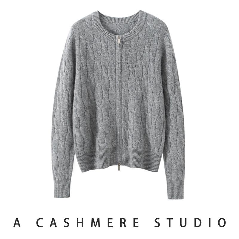 Women's Double Zipper Cable Knit Cashmere Cardigan - 2026 Autumn/Winter Loose Fit Round Neck Outerwear