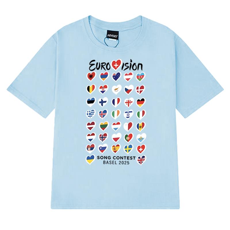Summer Fashion Eurovision Song 2025 Flags printed T Shirt New Unisex Oversized short sleeve T-shirts Unisex 100% Cotton clothing