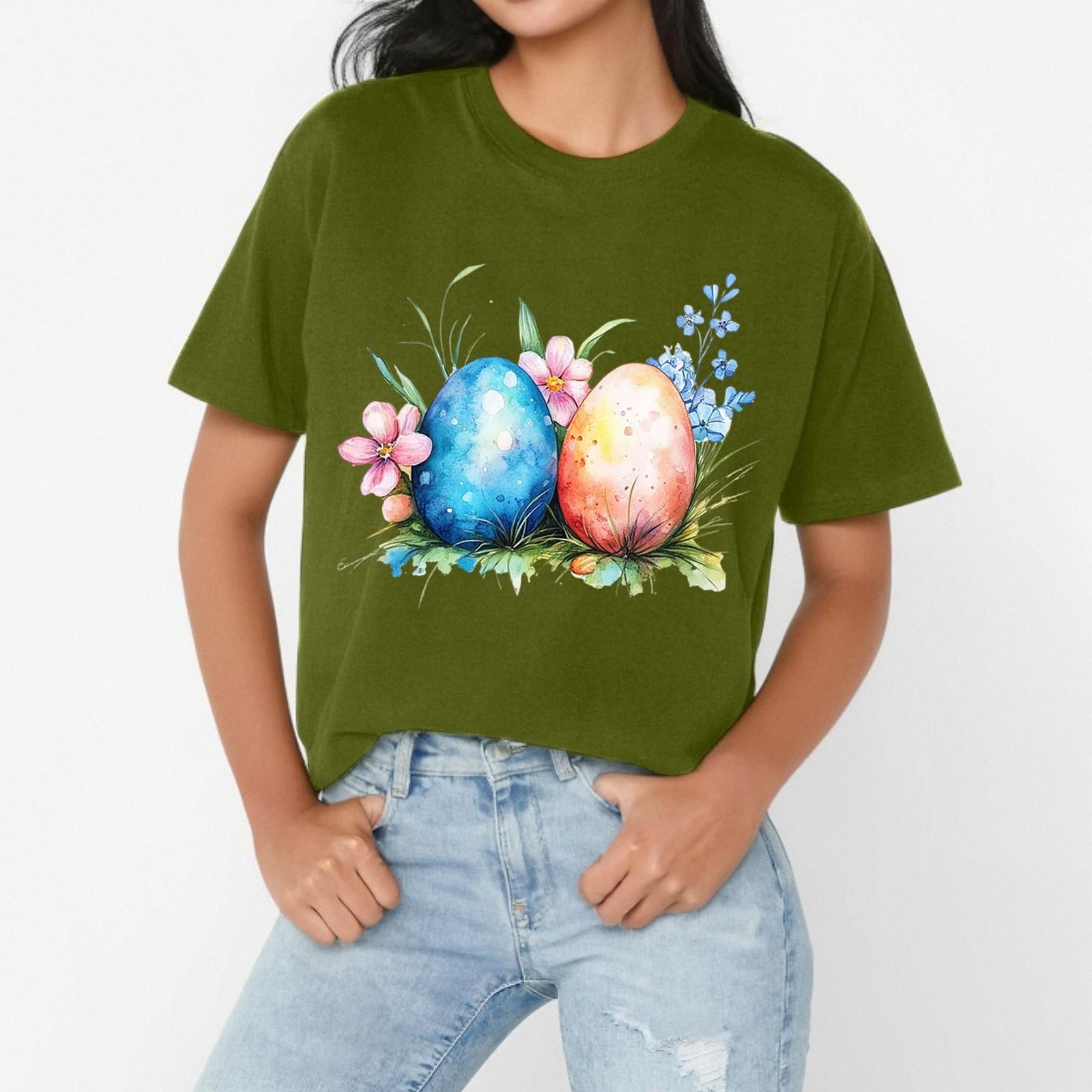 

Женская повседневная свободная футболка с пасхальным принтом, круглый вырез, пуловер, короткий рукав, топ L армия зеленый