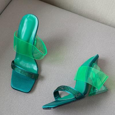 Fashion 2024 New Crystal Green Women's Strange Style Transparent High Heels Slippers Square Toe Rhinestone Sandals Party Shoes Pumps
