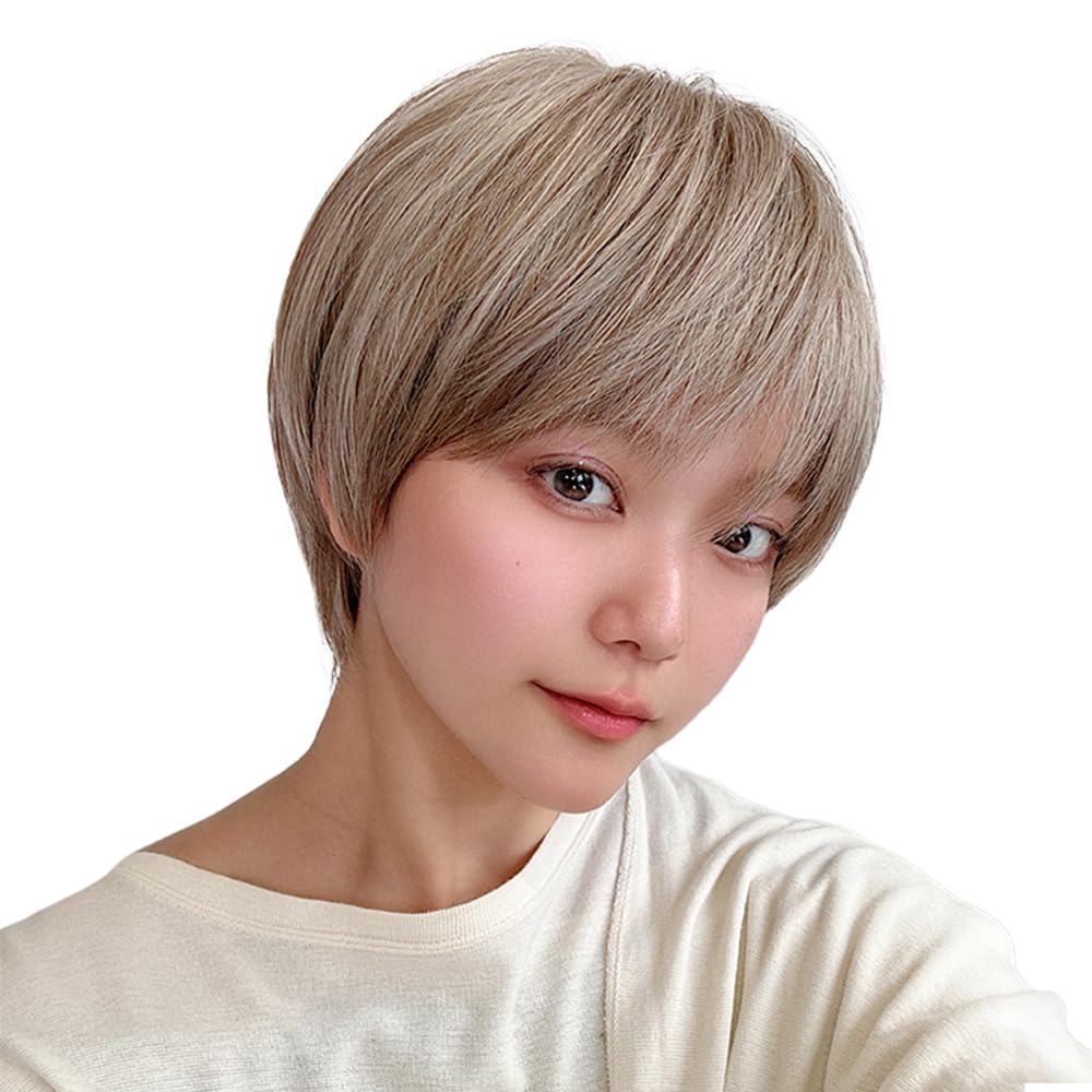 AQUADOLL Short Full Wig, Pudding Style, Black/Silver Hair, Boyish Style, Short Hair, One Size Fits Most, Medium, ABG. Ash Beige, wg316-M-ABG
