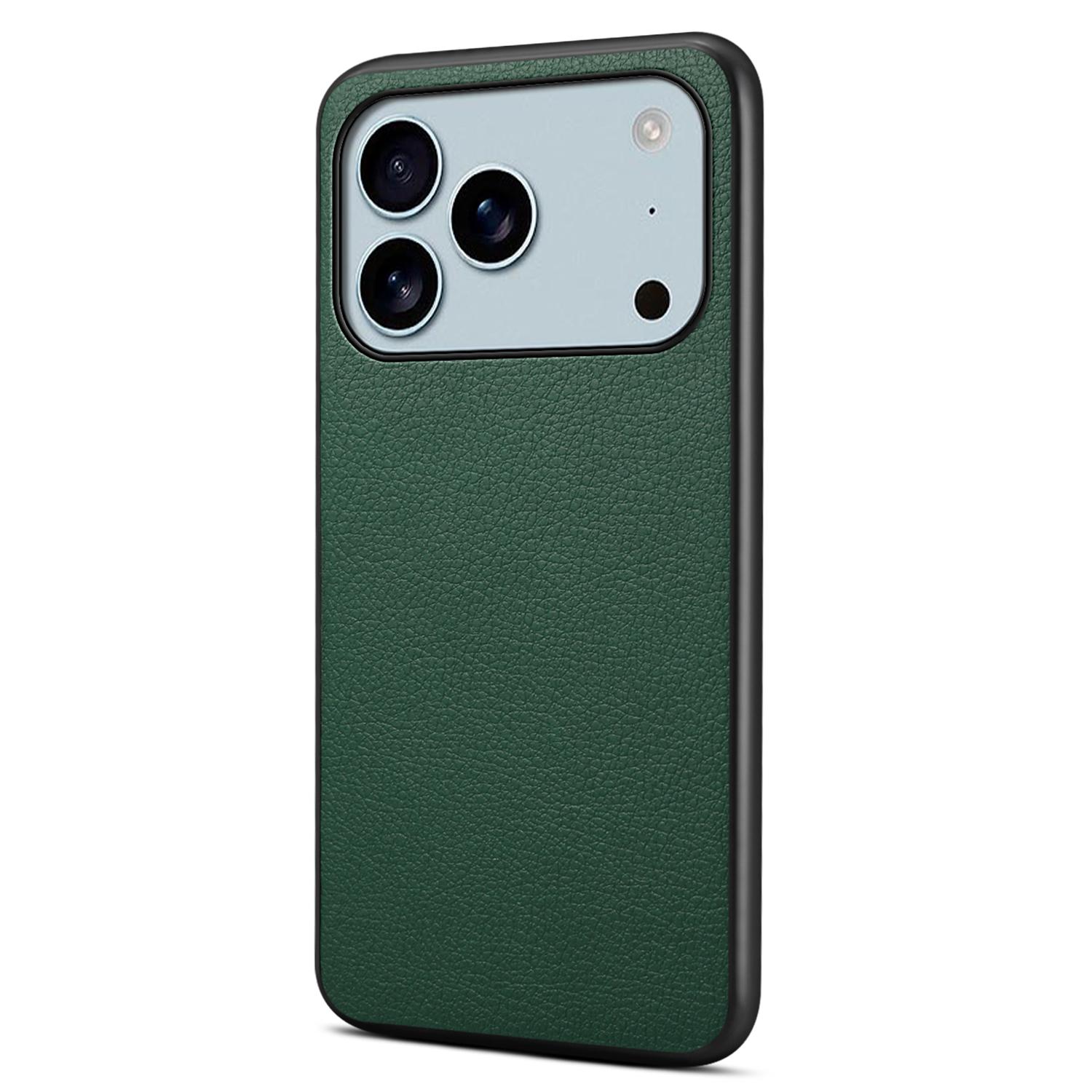 

For iPhone 17 Pro Case Calf Texture Leather+PC+TPU Phone Cover Green