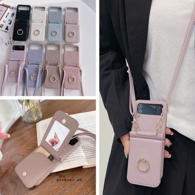 Kožené puzdro cez rameno s popruhom cez rameno pre Samsung Galaxy Z Flip 5 4 3 Flip5 Flip4 Flip3 5G/iphone 15 14 13 12 11 Pro Ring Beauty Mirror