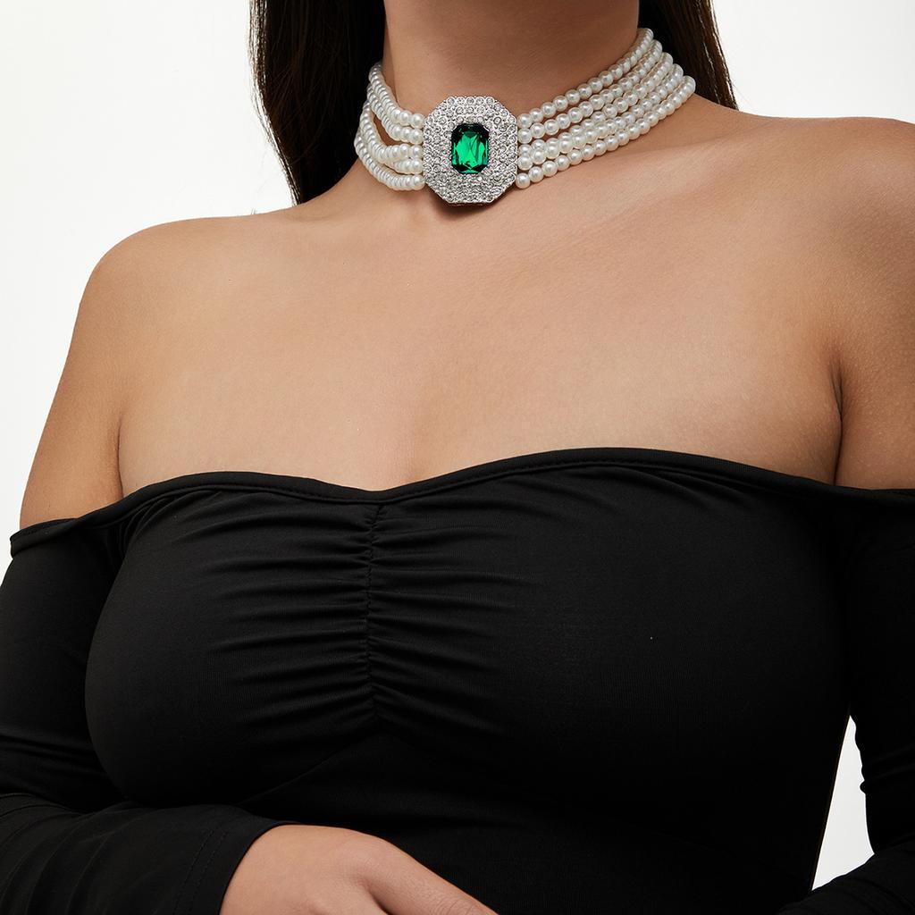 European and American French Retro Beaded Choker Necklace, Imitation Pearl Square Rhinestone Fashion Collar Jewelry for Women