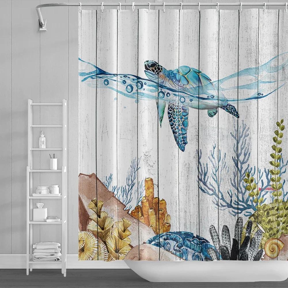 Fun Cartoon Sea Animal Shower Curtain, Sea Turtle Octopus Jellyfish Whale Crab Sea Life Landscape, Bathroom Shower Curtain Set