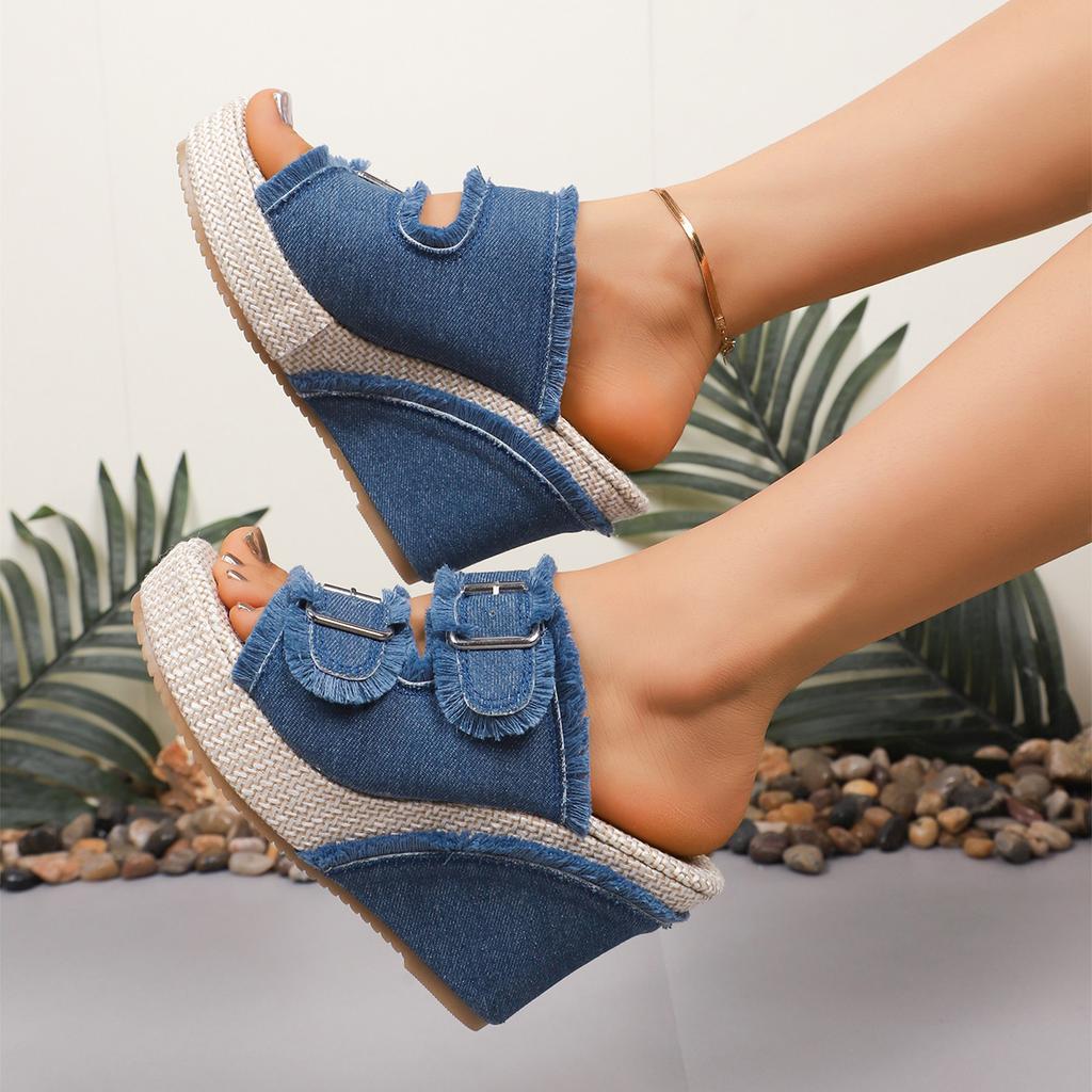 Women Sandals Wedges Platform Women Shoes Casual Double Buckle Strap Sandals Women Summer Thick Sole Denim Slippers
