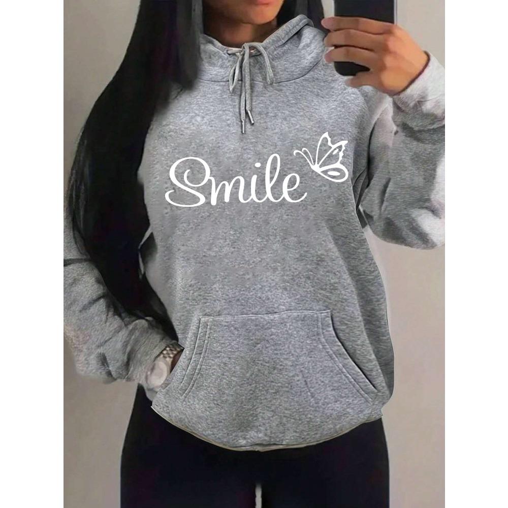 Smile Font Language Butterfly Pattern Hoody For Women Sport Pocket Clothing Cute Multicolor Streetwear Fashion Hoodies