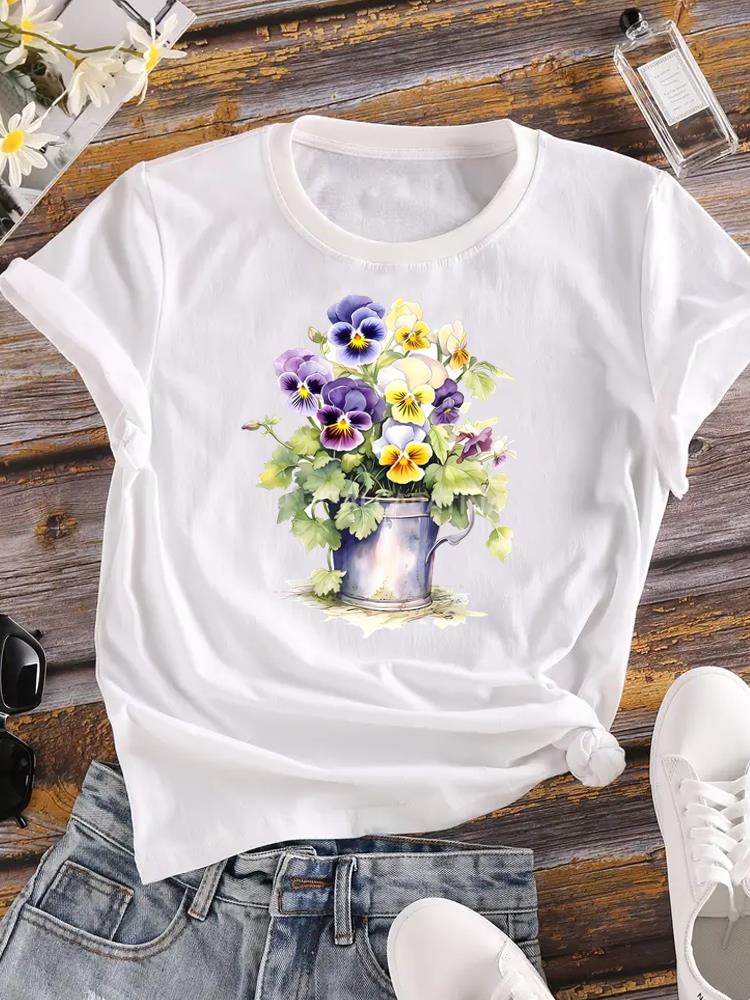 (Asian Size) Women Flower Watercolor Trend Cute 90s Short Sleeve Fashion Tee Top Clothing Print Lady Casual Tshirt Female Graphic T-shirts