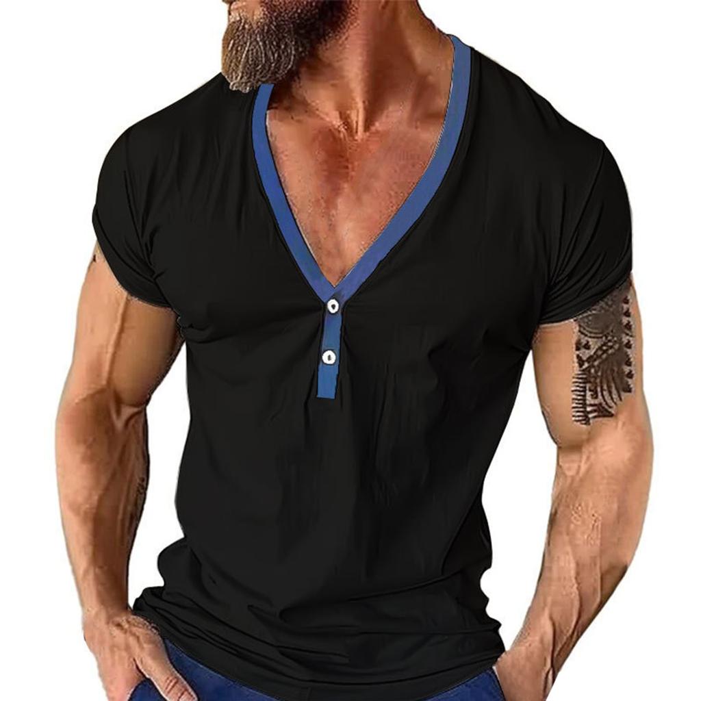 Pánské ležérní pánské triko s úzkým krátkým rukávem na knoflíky Pánské barevné bloky Módní trendy top s výstřihem do V
