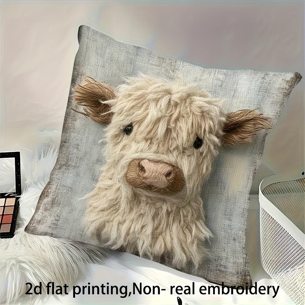 1pc Highland Cow Cushion Cover - Realistic Fluffy Cow Face Design, Zipper Closure, Living Room Bedroom Decor - Pillow Case Only