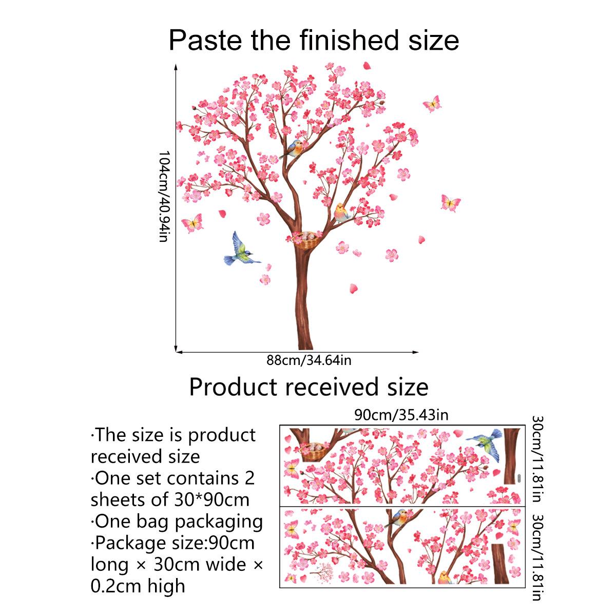 

2Pcs Pink Peach Blossom Birds Wall Stickers PVC Self-adhesive Bedroom Living Room Decor Art Decal Wallpaper DIY Home Decoration 30x90cm 2pcs