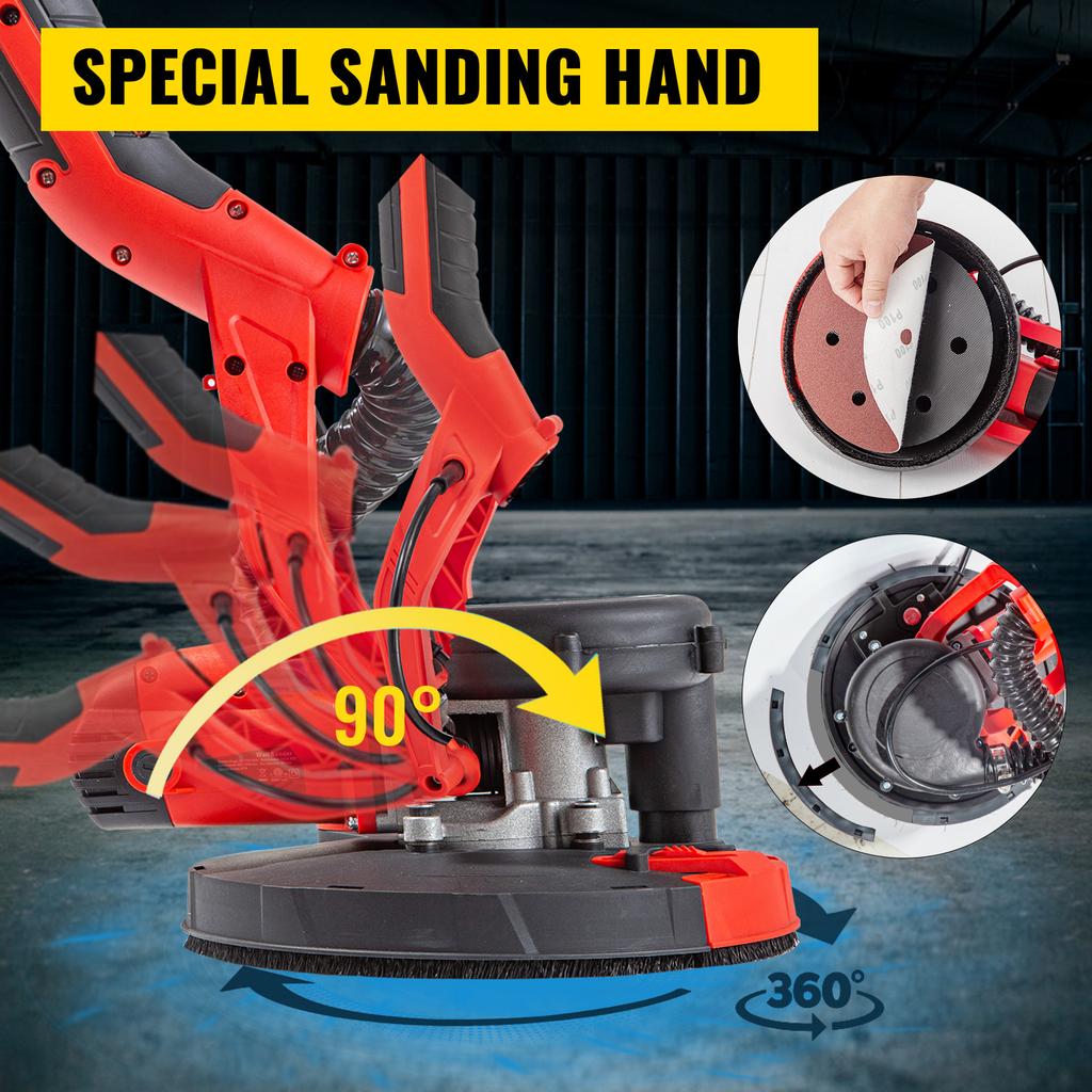 VEVOR Drywall Sander 850W Variable Speed 800-1750RPM Electric Drywall Sander Foldable Sheetrock Sander with Handle Vacuum Bag